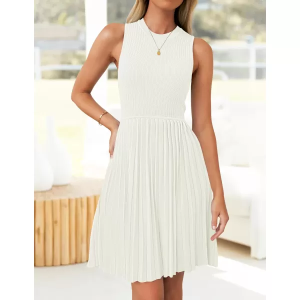 imageZESICA Womens Summer Sleeveless Mini Dresses 2024 Crewneck Knit A Line Pleated Swing Basic Short DressWhite