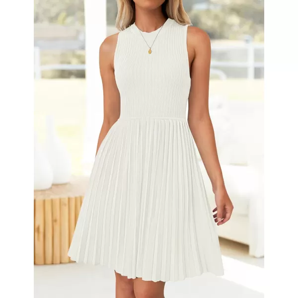 imageZESICA Womens Summer Sleeveless Mini Dresses 2024 Crewneck Knit A Line Pleated Swing Basic Short DressWhite