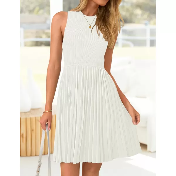 imageZESICA Womens Summer Sleeveless Mini Dresses 2024 Crewneck Knit A Line Pleated Swing Basic Short DressWhite