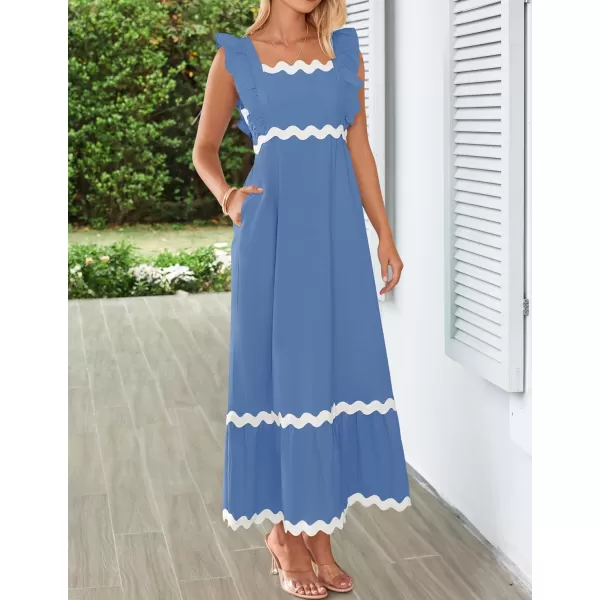 imageZESICA Womens Summer Sleeveless Ruffle Dresses 2024 Square Neck Backless Boho Flowy Maxi Sundress with PocketsBlue