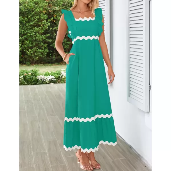 imageZESICA Womens Summer Sleeveless Ruffle Dresses 2024 Square Neck Backless Boho Flowy Maxi Sundress with PocketsGreen