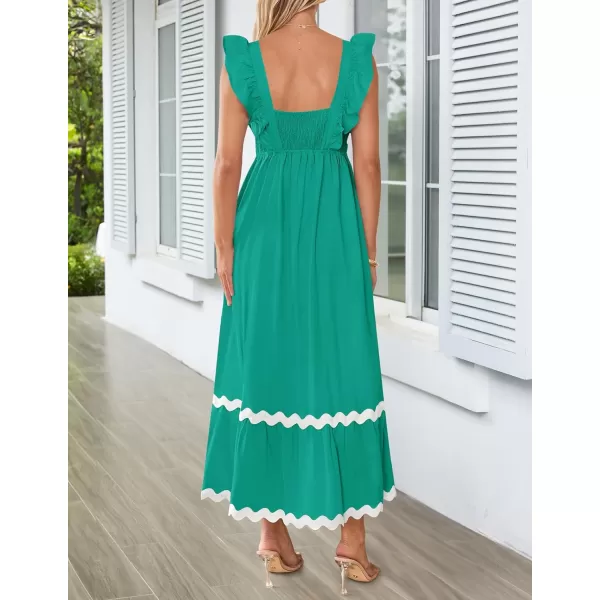 imageZESICA Womens Summer Sleeveless Ruffle Dresses 2024 Square Neck Backless Boho Flowy Maxi Sundress with PocketsGreen