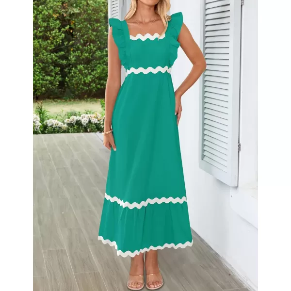 imageZESICA Womens Summer Sleeveless Ruffle Dresses 2024 Square Neck Backless Boho Flowy Maxi Sundress with PocketsGreen