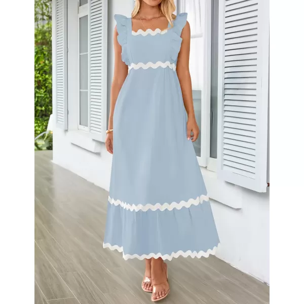imageZESICA Womens Summer Sleeveless Ruffle Dresses 2024 Square Neck Backless Boho Flowy Maxi Sundress with PocketsLight Blue