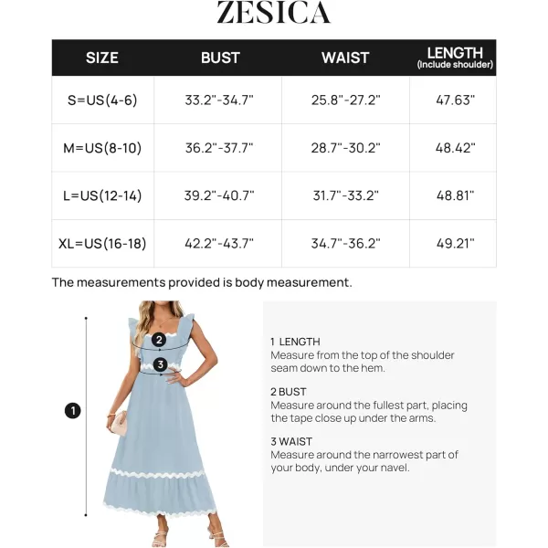 imageZESICA Womens Summer Sleeveless Ruffle Dresses 2024 Square Neck Backless Boho Flowy Maxi Sundress with PocketsLight Blue