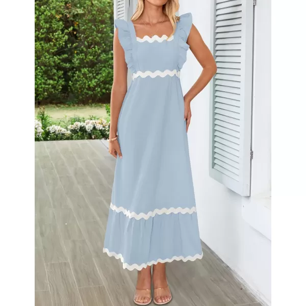 imageZESICA Womens Summer Sleeveless Ruffle Dresses 2024 Square Neck Backless Boho Flowy Maxi Sundress with PocketsLight Blue