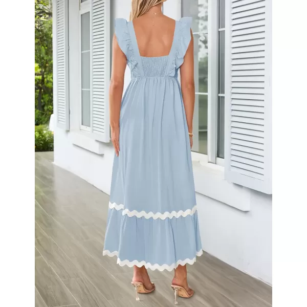 imageZESICA Womens Summer Sleeveless Ruffle Dresses 2024 Square Neck Backless Boho Flowy Maxi Sundress with PocketsLight Blue