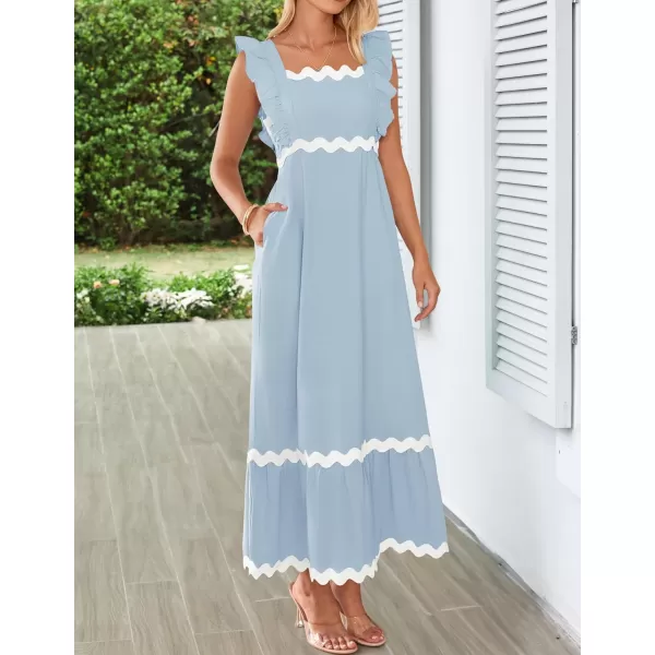 imageZESICA Womens Summer Sleeveless Ruffle Dresses 2024 Square Neck Backless Boho Flowy Maxi Sundress with PocketsLight Blue