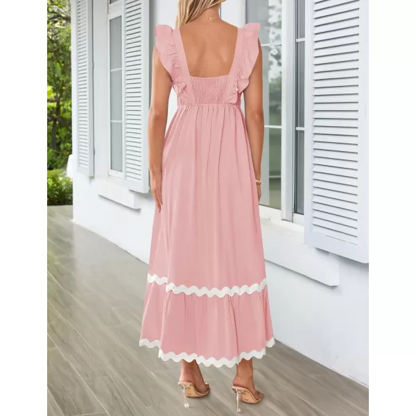 imageZESICA Womens Summer Sleeveless Ruffle Dresses 2024 Square Neck Backless Boho Flowy Maxi Sundress with PocketsLight Pink
