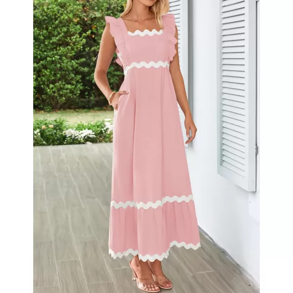 imageZESICA Womens Summer Sleeveless Ruffle Dresses 2024 Square Neck Backless Boho Flowy Maxi Sundress with PocketsLight Pink