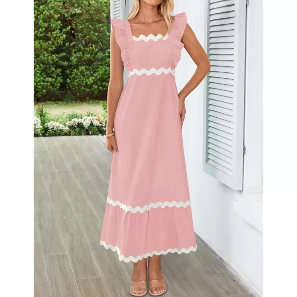 imageZESICA Womens Summer Sleeveless Ruffle Dresses 2024 Square Neck Backless Boho Flowy Maxi Sundress with PocketsLight Pink