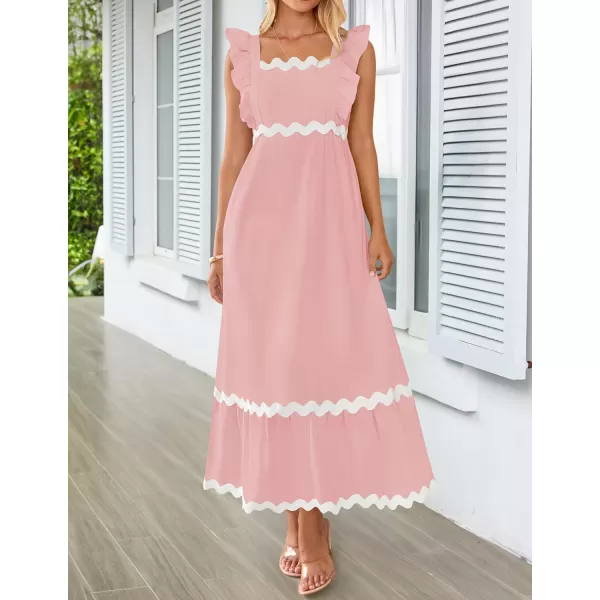 imageZESICA Womens Summer Sleeveless Ruffle Dresses 2024 Square Neck Backless Boho Flowy Maxi Sundress with PocketsLight Pink