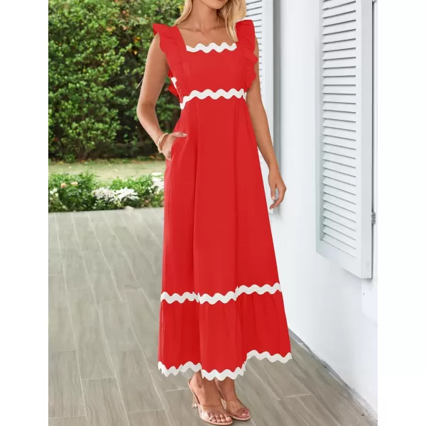 imageZESICA Womens Summer Sleeveless Ruffle Dresses 2024 Square Neck Backless Boho Flowy Maxi Sundress with PocketsRed