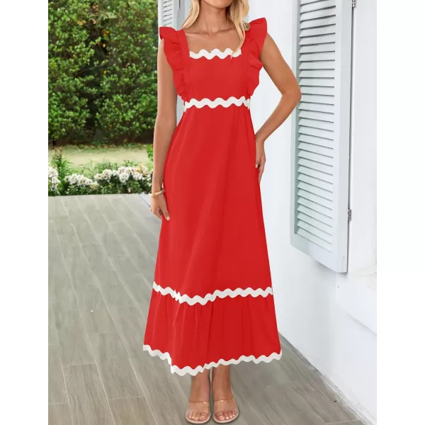 imageZESICA Womens Summer Sleeveless Ruffle Dresses 2024 Square Neck Backless Boho Flowy Maxi Sundress with PocketsRed