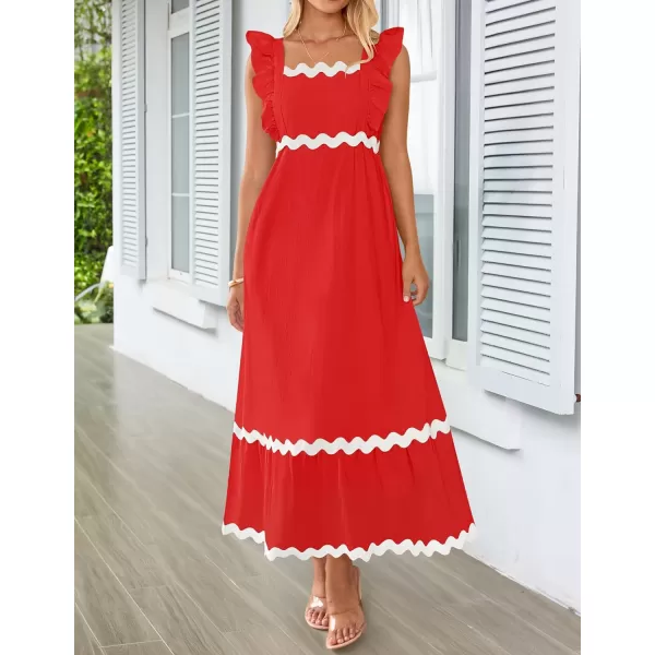 imageZESICA Womens Summer Sleeveless Ruffle Dresses 2024 Square Neck Backless Boho Flowy Maxi Sundress with PocketsRed