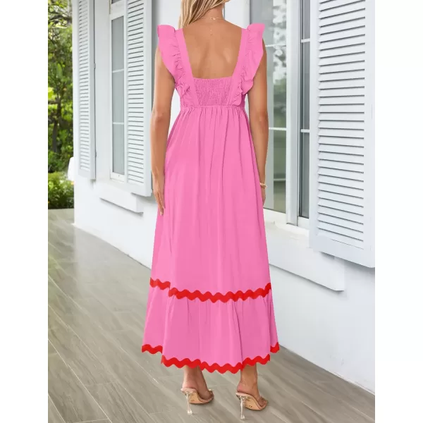 imageZESICA Womens Summer Sleeveless Ruffle Dresses 2024 Square Neck Backless Boho Flowy Maxi Sundress with PocketsRose