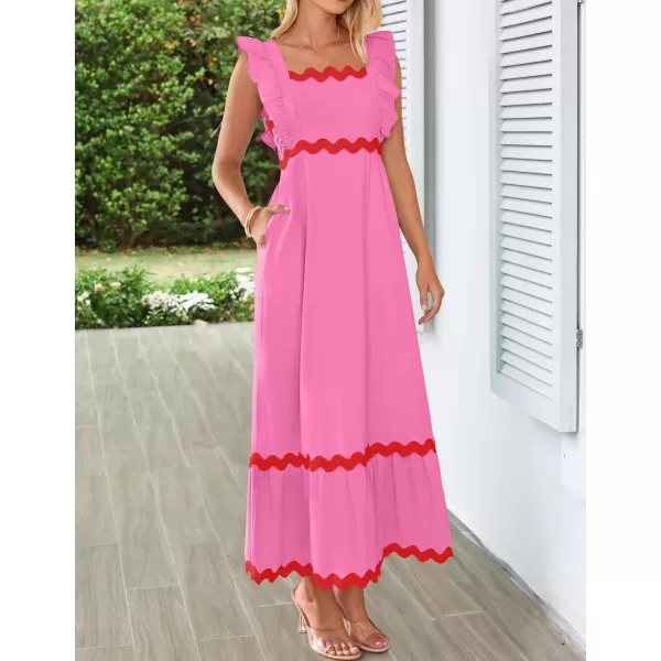 imageZESICA Womens Summer Sleeveless Ruffle Dresses 2024 Square Neck Backless Boho Flowy Maxi Sundress with PocketsRose