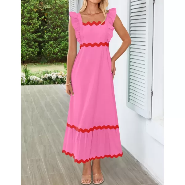 imageZESICA Womens Summer Sleeveless Ruffle Dresses 2024 Square Neck Backless Boho Flowy Maxi Sundress with PocketsRose