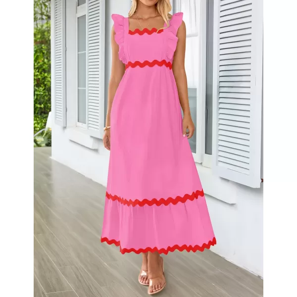 imageZESICA Womens Summer Sleeveless Ruffle Dresses 2024 Square Neck Backless Boho Flowy Maxi Sundress with PocketsRose