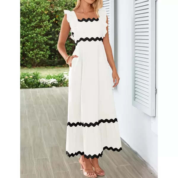 imageZESICA Womens Summer Sleeveless Ruffle Dresses 2024 Square Neck Backless Boho Flowy Maxi Sundress with PocketsWhite