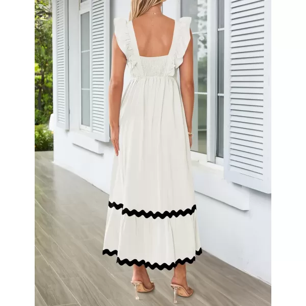 imageZESICA Womens Summer Sleeveless Ruffle Dresses 2024 Square Neck Backless Boho Flowy Maxi Sundress with PocketsWhite