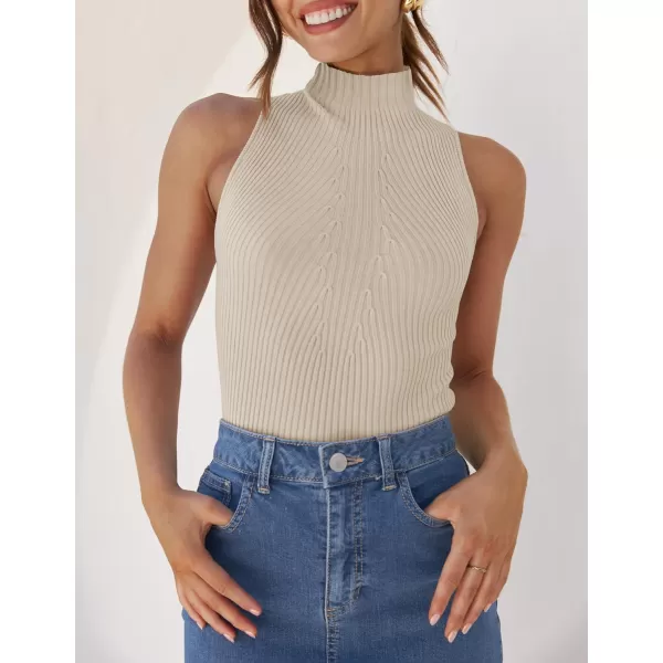 imageZESICA Womens Summer Sleeveless Tank Tops Mock Turtle Neck Ribbed Knit Slim Fitted Basic Casual ShirtsAlmond