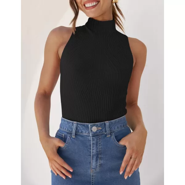 imageZESICA Womens Summer Sleeveless Tank Tops Mock Turtle Neck Ribbed Knit Slim Fitted Basic Casual ShirtsBlack