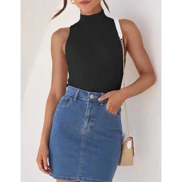 imageZESICA Womens Summer Sleeveless Tank Tops Mock Turtle Neck Ribbed Knit Slim Fitted Basic Casual ShirtsBlack