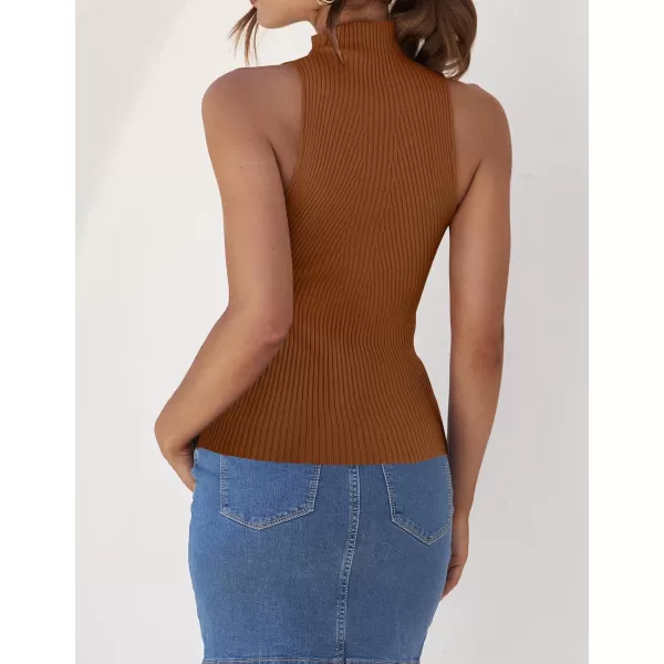 imageZESICA Womens Summer Sleeveless Tank Tops Mock Turtle Neck Ribbed Knit Slim Fitted Basic Casual ShirtsCaramel
