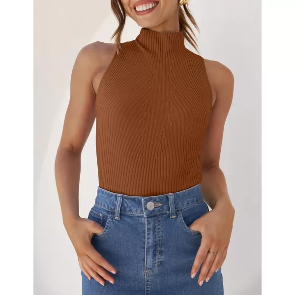 imageZESICA Womens Summer Sleeveless Tank Tops Mock Turtle Neck Ribbed Knit Slim Fitted Basic Casual ShirtsCaramel