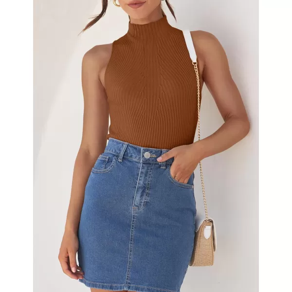 imageZESICA Womens Summer Sleeveless Tank Tops Mock Turtle Neck Ribbed Knit Slim Fitted Basic Casual ShirtsCaramel