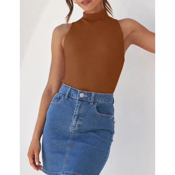 imageZESICA Womens Summer Sleeveless Tank Tops Mock Turtle Neck Ribbed Knit Slim Fitted Basic Casual ShirtsCaramel
