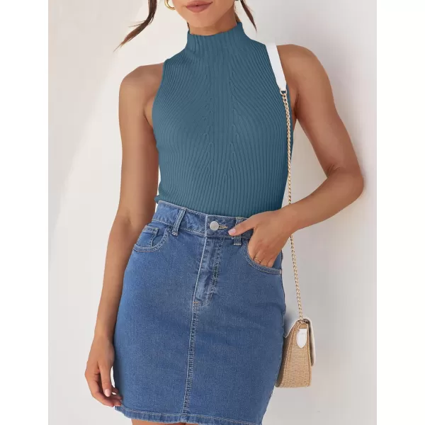 imageZESICA Womens Summer Sleeveless Tank Tops Mock Turtle Neck Ribbed Knit Slim Fitted Basic Casual ShirtsDustyblue