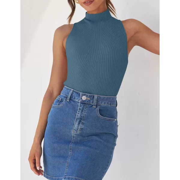 imageZESICA Womens Summer Sleeveless Tank Tops Mock Turtle Neck Ribbed Knit Slim Fitted Basic Casual ShirtsDustyblue