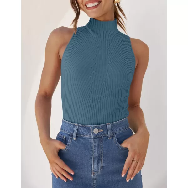 imageZESICA Womens Summer Sleeveless Tank Tops Mock Turtle Neck Ribbed Knit Slim Fitted Basic Casual ShirtsDustyblue