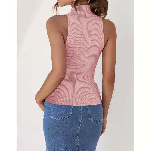 imageZESICA Womens Summer Sleeveless Tank Tops Mock Turtle Neck Ribbed Knit Slim Fitted Basic Casual ShirtsPink