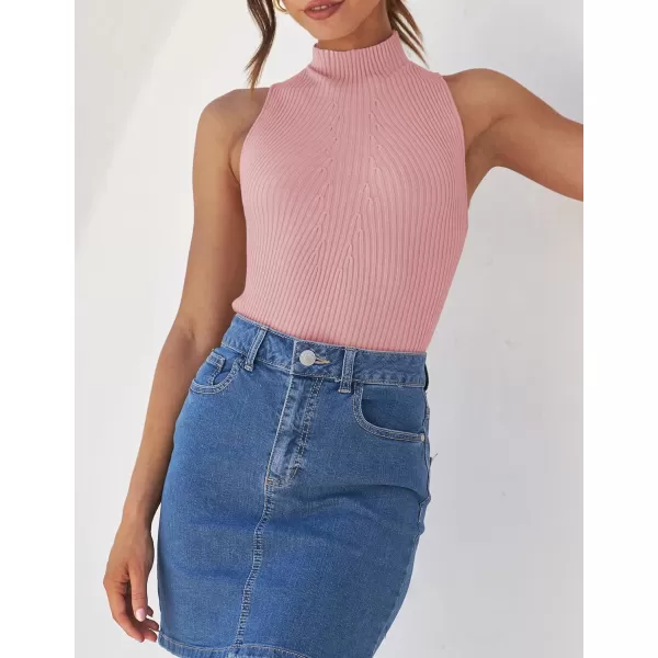 imageZESICA Womens Summer Sleeveless Tank Tops Mock Turtle Neck Ribbed Knit Slim Fitted Basic Casual ShirtsPink