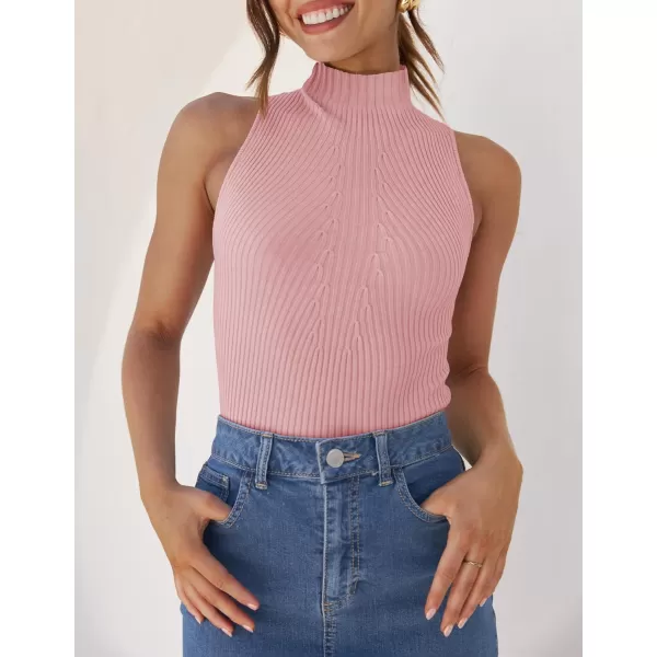 imageZESICA Womens Summer Sleeveless Tank Tops Mock Turtle Neck Ribbed Knit Slim Fitted Basic Casual ShirtsPink
