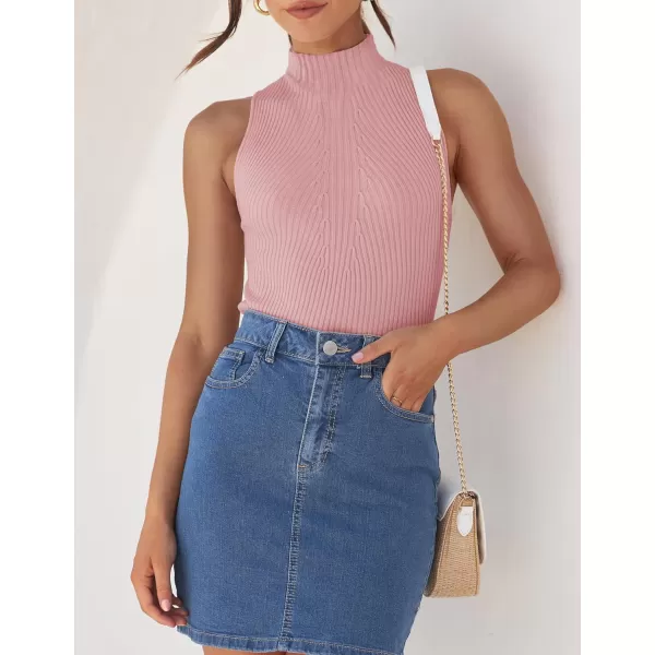 imageZESICA Womens Summer Sleeveless Tank Tops Mock Turtle Neck Ribbed Knit Slim Fitted Basic Casual ShirtsPink