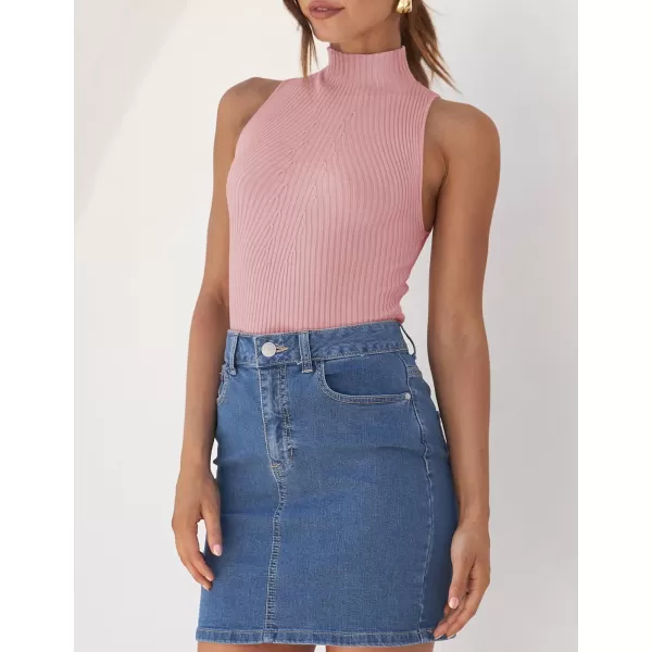 imageZESICA Womens Summer Sleeveless Tank Tops Mock Turtle Neck Ribbed Knit Slim Fitted Basic Casual ShirtsPink