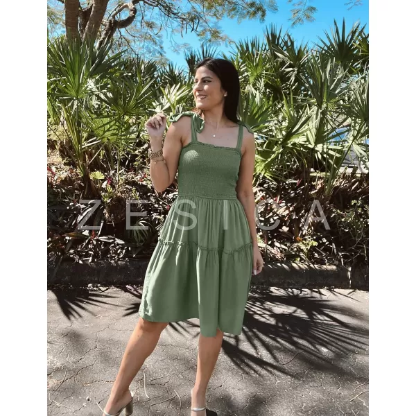 imageZESICA Womens Summer Spaghetti Strap Sleeveless Square Neck Ruffle A Line Swing Mini DressArmygreen