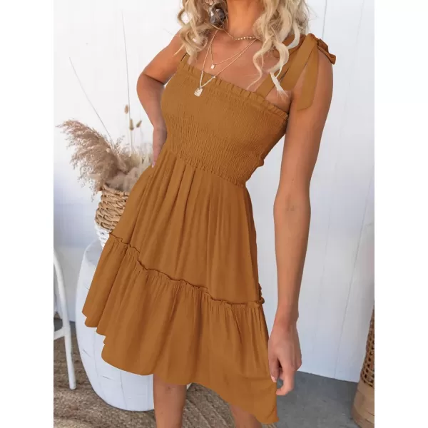 imageZESICA Womens Summer Spaghetti Strap Sleeveless Square Neck Ruffle A Line Swing Mini DressBrown
