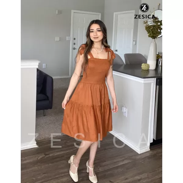 imageZESICA Womens Summer Spaghetti Strap Sleeveless Square Neck Ruffle A Line Swing Mini DressBrown