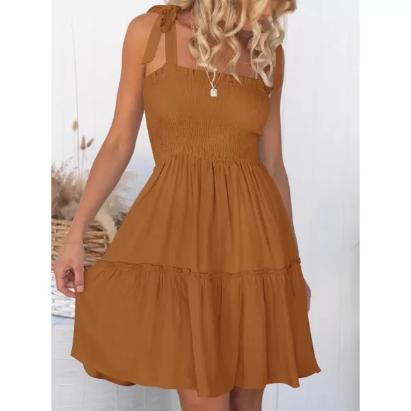 imageZESICA Womens Summer Spaghetti Strap Sleeveless Square Neck Ruffle A Line Swing Mini DressBrown