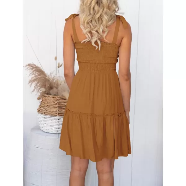 imageZESICA Womens Summer Spaghetti Strap Sleeveless Square Neck Ruffle A Line Swing Mini DressBrown