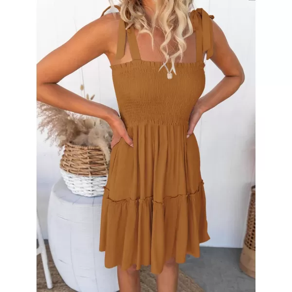 imageZESICA Womens Summer Spaghetti Strap Sleeveless Square Neck Ruffle A Line Swing Mini DressBrown