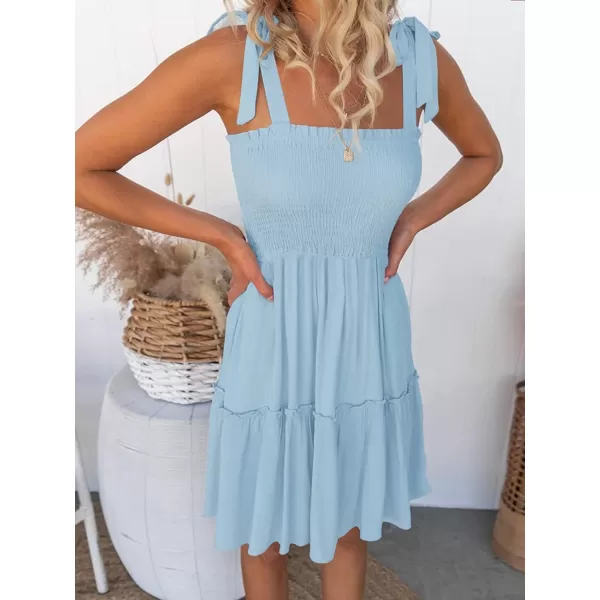 imageZESICA Womens Summer Spaghetti Strap Sleeveless Square Neck Ruffle A Line Swing Mini DressLightblue