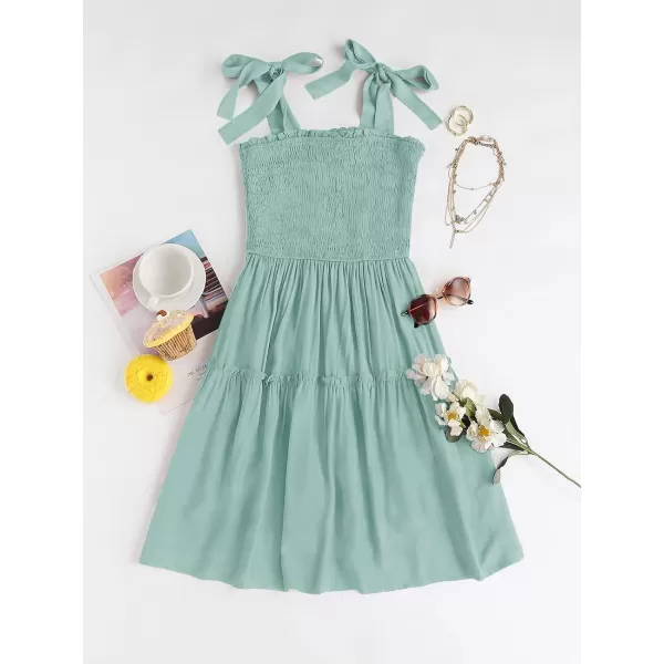 imageZESICA Womens Summer Spaghetti Strap Sleeveless Square Neck Ruffle A Line Swing Mini DressLightgreen