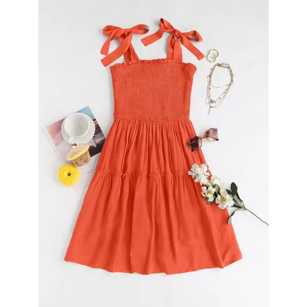 imageZESICA Womens Summer Spaghetti Strap Sleeveless Square Neck Ruffle A Line Swing Mini DressOrange