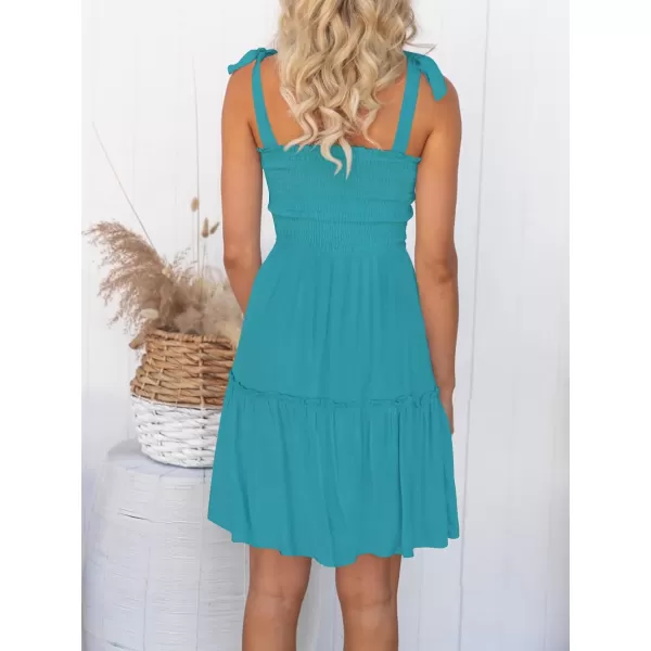 imageZESICA Womens Summer Spaghetti Strap Sleeveless Square Neck Ruffle A Line Swing Mini DressPeacock